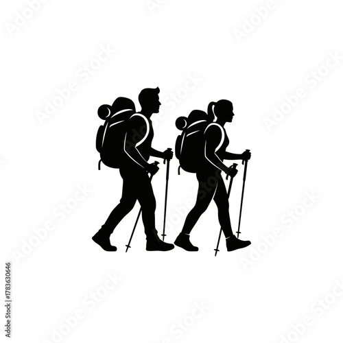 Two hikers climbing uphill with backpacks and hiking sticks. Great for outdoor, adventure, hiking, trekking, exploration, naturethemed designs.