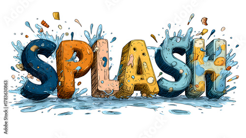 Colorful splash text art with water droplets and cartoon style design perfect for a vibrant background or creative graphic design project use