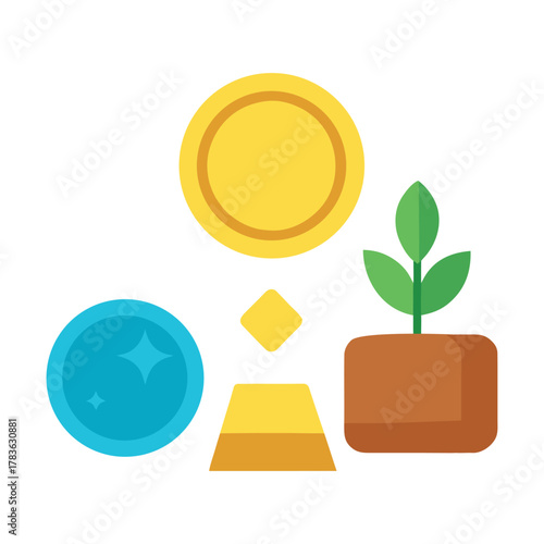 Colorful, cartoonish icons of a gold ingot, a silver coin, a copper wire, and a bronze medal, all on a white background.