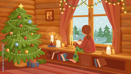 Cozy christmas cabin scene with a child reading by the window during snowfall