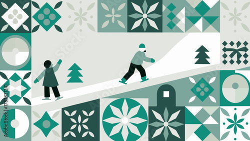 Geometric winter scene with two figures enjoying the snow and ice