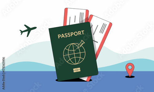 An illustration depicting a passport, alongside two boarding passes against a serene backdrop, representing the excitement and anticipation of upcoming travels and adventures.
