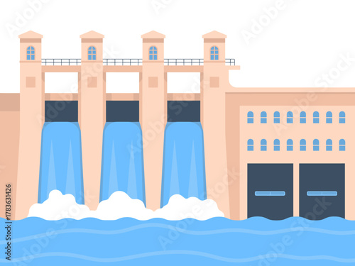 This illustration portrays a stylized water dam with flowing water, symbolizing energy production, environmental technology, and infrastructure against a clear blue sky.