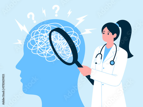 This illustration portrays a doctor examining a patient's mind, using a magnifying glass to represent the importance of understanding mental health and well-being in society today.