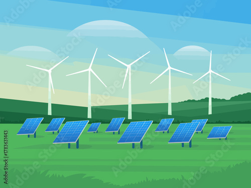 This contemporary illustration features solar panels and wind turbines set against a blue sky, representing the future of renewable energy.