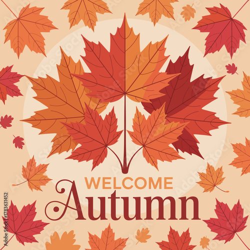 A vibrant autumn-themed design featuring colorful maple leaves in shades of red and orange, beautifully arranged to evoke feelings of warmth and seasonal change.