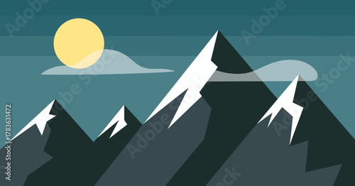 A minimalistic representation of mountains against a hazy sky with a bright sun, evoking feelings of tranquility and adventure in nature through abstract elements.