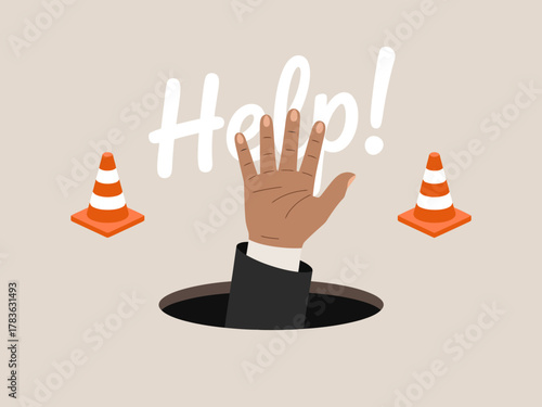 A hand emerges from a hole, signaling for assistance, surrounded by orange safety cones, emphasizing urgency and tension in a creative and abstract artistic representation.