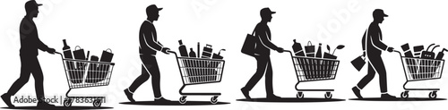 Silhouettes of people pushing shopping carts filled with groceries and items