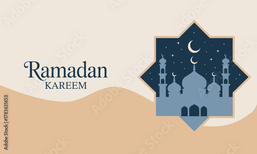This artwork celebrates Ramadan Kareem with an elegant mosque silhouette against a gentle sandy background, conveying peace, spirituality, and the joy of the holy month.
