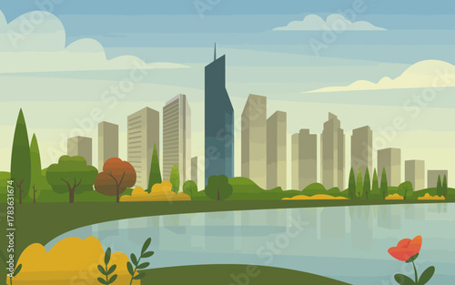 An elegant illustration of a stylish urban skyline reflected in calm waters, surrounded by lush greenery, creating a picturesque and tranquil environment in a modern city.