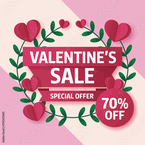 This enticing graphic showcases a Valentine's Day sale, emphasizing special offers with hearts, vibrant colors, and a creative design that attracts romantic shoppers everywhere.