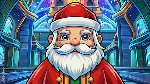 Whimsical santa claus portrait in a futuristic glowing cityscape at night