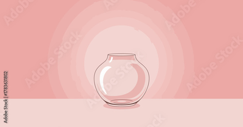 A minimalist illustration featuring a clear glass vase set against a soft pink backdrop, emphasizing simplicity and elegance alongside a sense of calmness and potential.