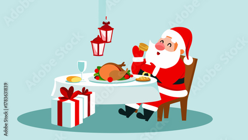 Santa claus enjoys a festive christmas dinner with turkey and presents nearby