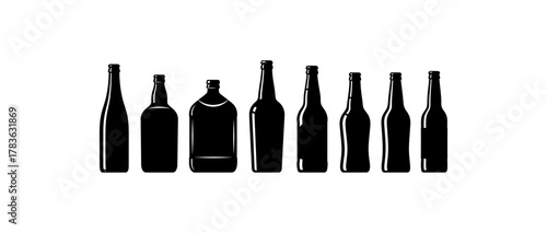 Suitable for bar menus, beverage advertisements, and party invitations. Perfect for design projects needing bottle silhouettes in a row.