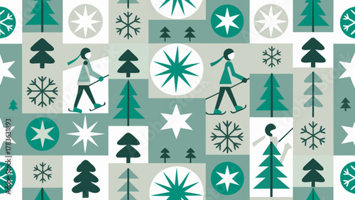 Retro geometric winter scene with skiers and snowflakes pattern