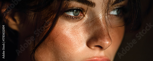 Brunette woman with clean, glowy skin in natural light. Side profile, close-up of face. Healthy complexion, beauty, wellness. Fresh, youthful lady with no makeup.