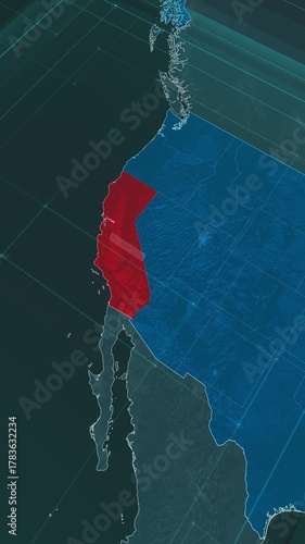 Vertical portrait, zoom in to the map of California state, with text and textless
