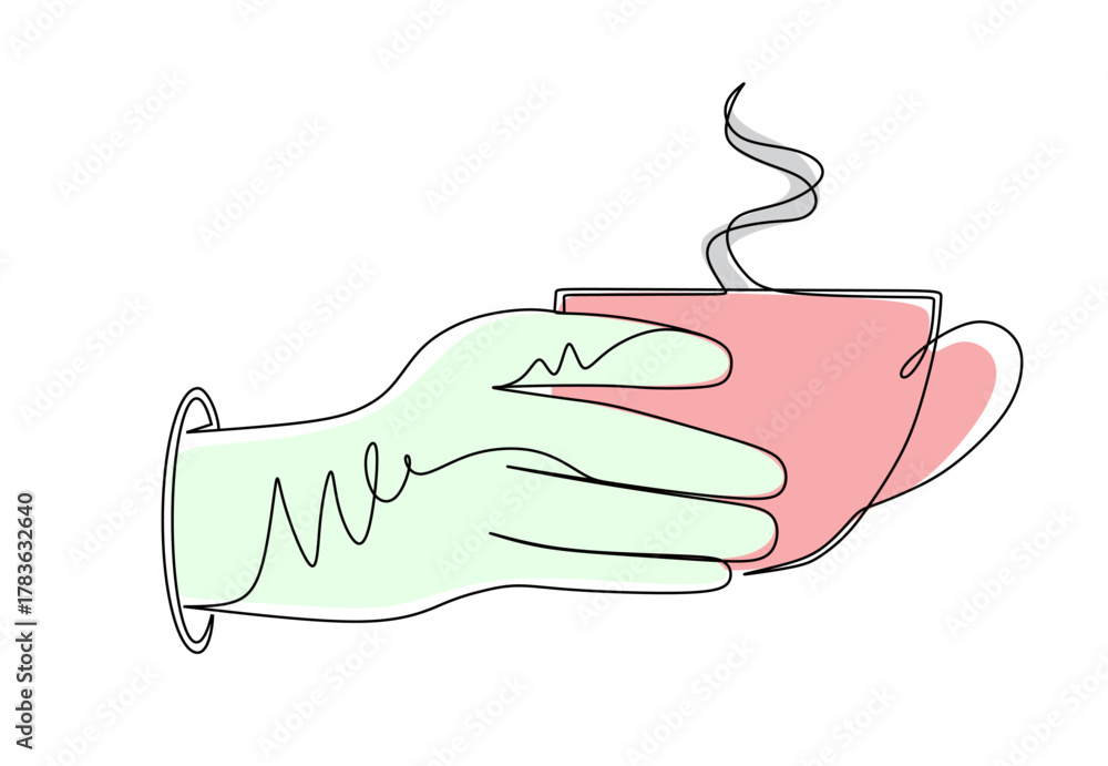 Obraz premium Continuous line art of a hand holding a cup of coffee or tea with curved and winding lines in attractive colors. This icon is for a cafe sticker or banner.