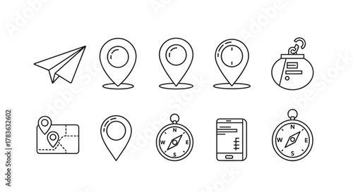 Collection of minimalist line icons representing travel and navigation elements: a paper airplane, multiple map pins, a compass, a smartphone with a map interface, and a stylized map with markers