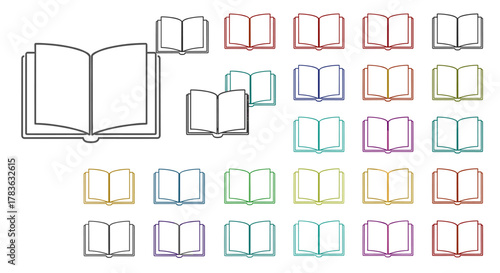 Collection of Open Book Icons in Various Vivid Colors, Minimalistic Linear Pictograms Ideal for Web and Graphic Design, Apps, Banners, Social Networks, and Cards, Representing Knowledge and Learning
