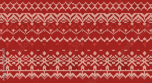 Seamless knitted Christmas border pattern in red and cream, featuring traditional Fair Isle geometrical designs and festive holiday motifs, perfect for a cozy sweater or a decorative background
