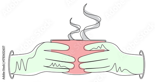 Continuous line art of a hand holding a cup of coffee or tea with curved and winding lines in attractive colors. This icon is for a cafe sticker or banner.