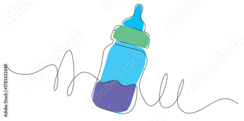 Continuous line art of a baby bottle. Concept of feeding a baby with a bottle. Icon with attractive colors. Vector illustration.