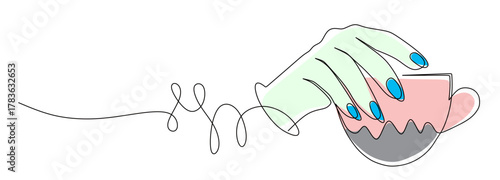 Continuous line art of a hand holding a cup of coffee or tea with curved and winding lines in attractive colors. This icon is for a cafe sticker or banner.