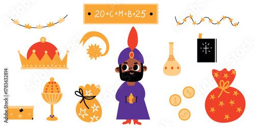 A festive collection of Three Kings Day icons featuring the Magi, crowns, gifts, stars, and traditional holiday symbols in a colorful and playful design.