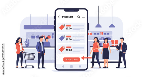 Flat vector of large smartphone displaying product listing cards with user tapping “add to cart”. Bold solid-color illustration, ideal for app UI, mobile commerce banners