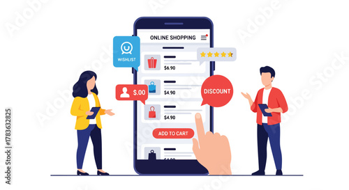 Flat vector of large smartphone displaying product listing cards with user tapping “add to cart”. Bold solid-color illustration, ideal for app UI, mobile commerce banners
