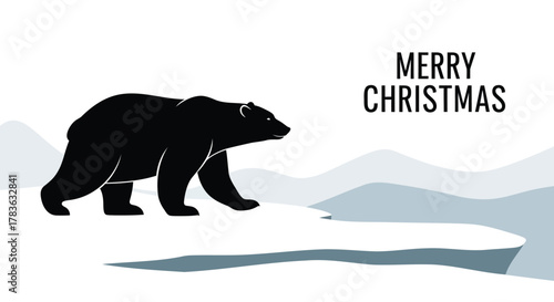 Black silhouette of a polar bear walking across an icy landscape with the words merry christmas in the background