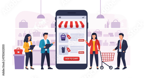 Flat vector of large smartphone displaying product listing cards with user tapping “add to cart”. Bold solid-color illustration, ideal for app UI, mobile commerce banners