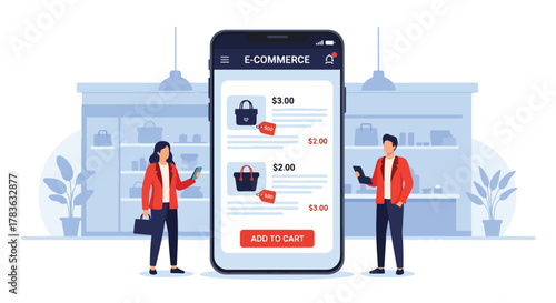 Flat vector of large smartphone displaying product listing cards with user tapping “add to cart”. Bold solid-color illustration, ideal for app UI, mobile commerce banners