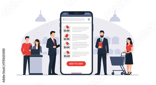 Flat vector of large smartphone displaying product listing cards with user tapping “add to cart”. Bold solid-color illustration, ideal for app UI, mobile commerce banners