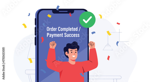 Flat vector happy buyer celebrating “Order Confirmed” screen with receipt and checkmark badge. Clean solid-color illustration, ideal for email marketing, order success pages, and tracking messages