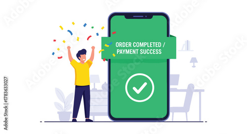 Flat vector happy buyer celebrating “Order Confirmed” screen with receipt and checkmark badge. Clean solid-color illustration, ideal for email marketing, order success pages, and tracking messages