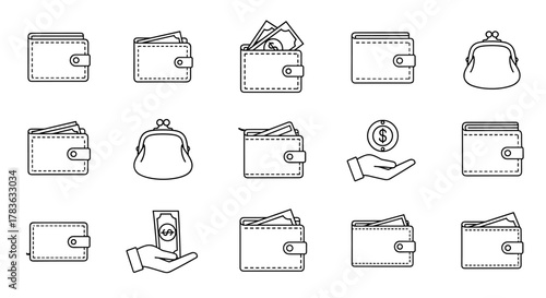 Collection of outline wallet icons and coin purse illustrations, featuring various styles of wallets filled with cash and a hand holding a coin with a dollar sign, perfect for financial infographics