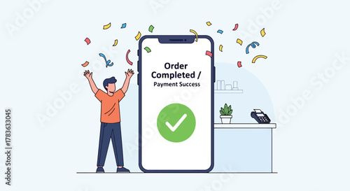 Flat vector happy buyer celebrating “Order Confirmed” screen with receipt and checkmark badge. Clean solid-color illustration, ideal for email marketing, order success pages, and tracking messages