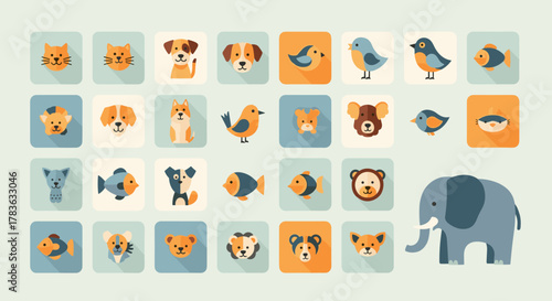 Vibrant Flat Vector Animal Icons Grid: A Charming Collection of Mini-Illustrations Featuring a Playful Cat, Loyal Dog, Cheerful Bird, Aquatic Fish, and Majestic Elephant, Perfect for Children's