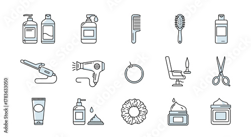A collection of clean, modern line icons representing hair care, treatment, and beauty essentials, perfect for websites, marketing, logos, apps, and UI design. This vector illustration features