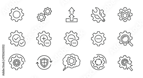 A collection of clean, modern line icons representing gears and related concepts, including settings, tools, system controls, updates, and management, perfect for technology and business interfaces.