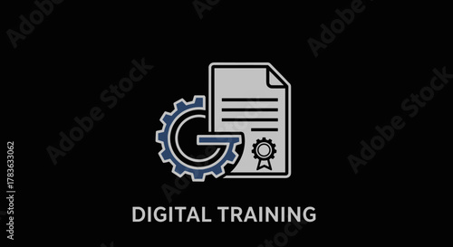 Digital training concept icon with a gear and a certificate, representing online education, distance learning, e-learning, video tutorials, remote schooling, university webinars, and professional
