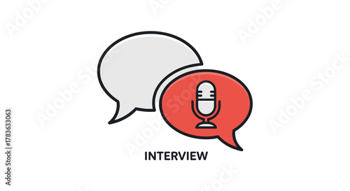 Vector icon set representing recruitment and hiring processes, featuring speech bubbles and a microphone symbol, ideal for HR, career, and job-related content, with adjustable line weight for