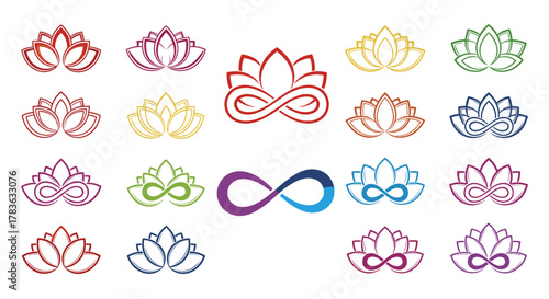 Collection of colorful lotus flower logos with infinity symbol integrated, representing beauty, spirituality, and eternal harmony. Vector cartoon illustrations on a clean white background, showcasing