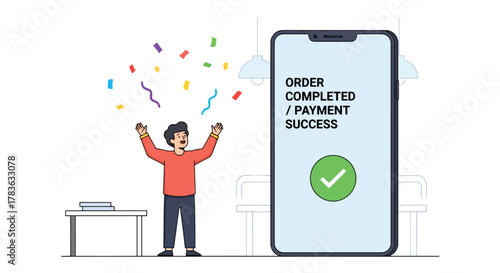 Flat vector happy buyer celebrating “Order Confirmed” screen with receipt and checkmark badge. Clean solid-color illustration, ideal for email marketing, order success pages, and tracking messages