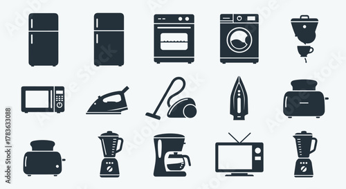 A comprehensive collection of vector silhouette icons depicting various household appliances, including refrigerators, ovens, washing machines, coffee makers, toasters, blenders, microwaves, irons