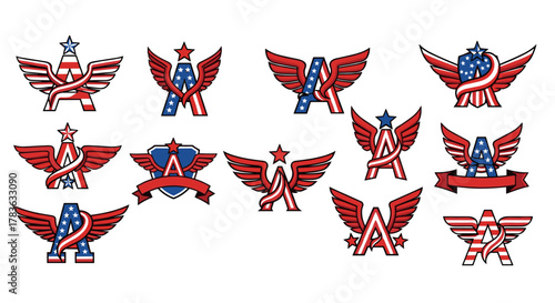 Set of American flag-themed letter A monograms with wings and stars, presented in a cartoon illustration style on a white background, symbolizing patriotism and national pride. These vector graphics